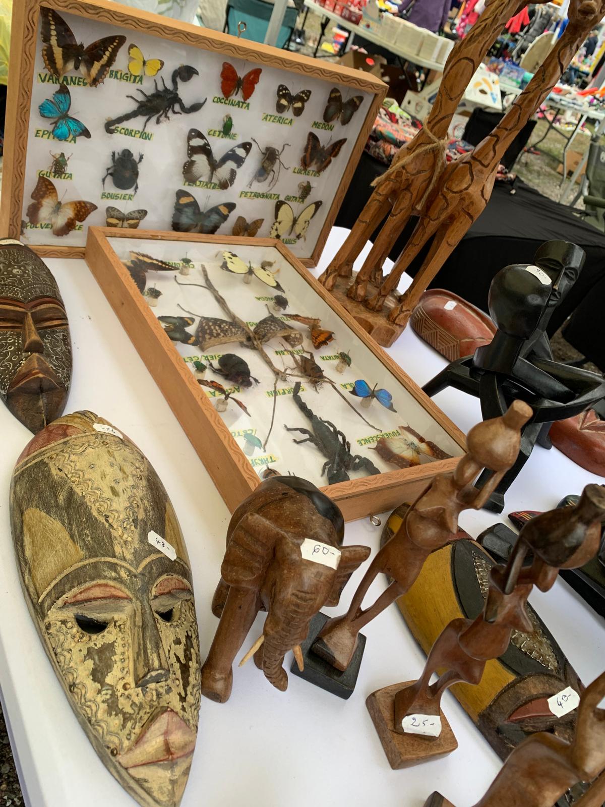 Masques, sculptures et collection de papillons