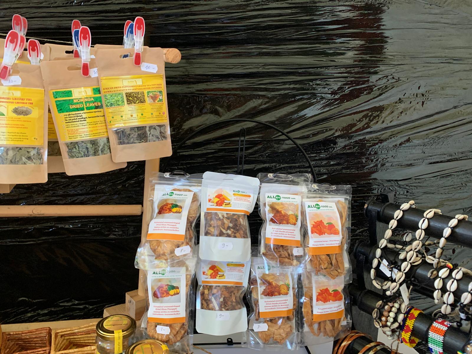 Dried mango and pineapple packets from Togo