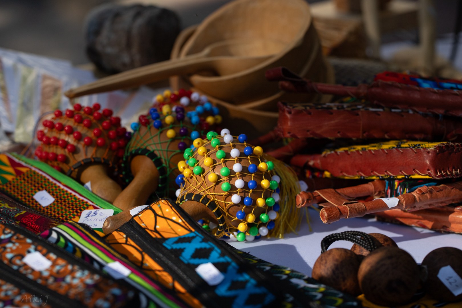 Beaded rattles and leather goods close-up