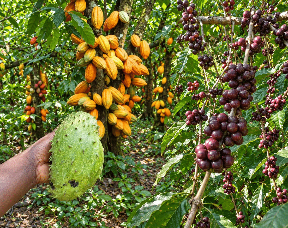 Cabosses de cacao, cerises de café et fruit tropical