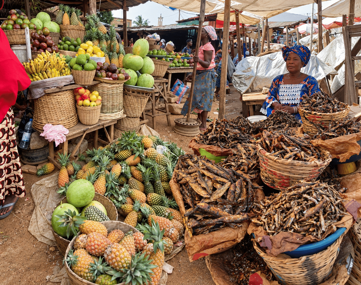 Étals de fruits et de poissons pour illustrer la visite du marché de Kpalimé
