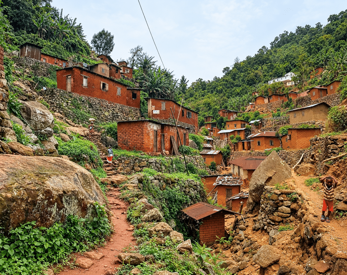 Chemins de village et habitations sur les pentes du mont Agou